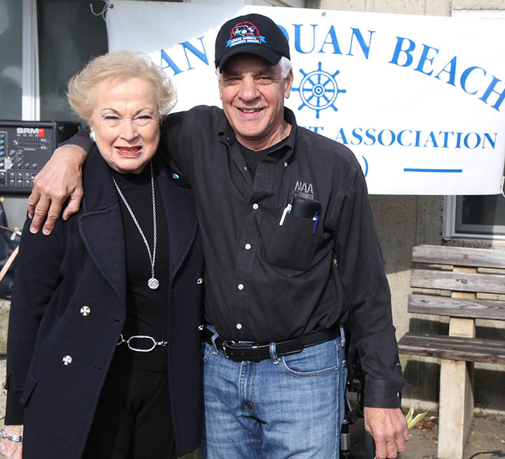 Freeholder Director Lillian G. Burry joins C. Ivan Stoltzfus at a Jersey Shore send-off on the beach in Manasquan, NJ on April 26, 2014. Stoltzfus is driving across America to raise awareness and money for the Wounded Warriors.